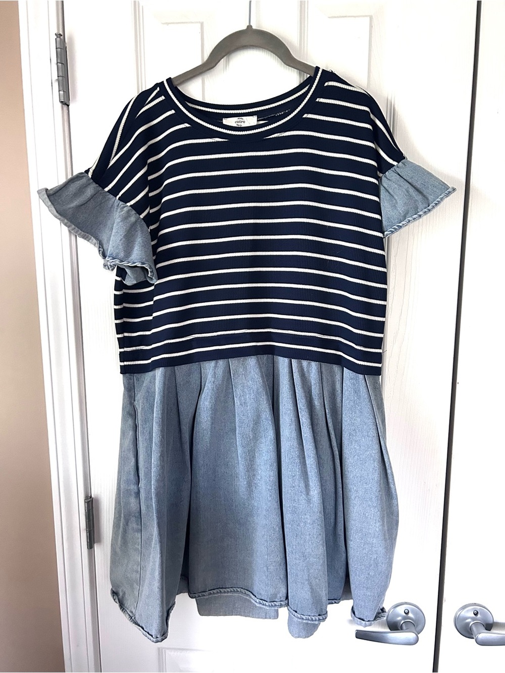Entro Navy Stripe Chambray Ruffle Sleeve Dress Size Medium